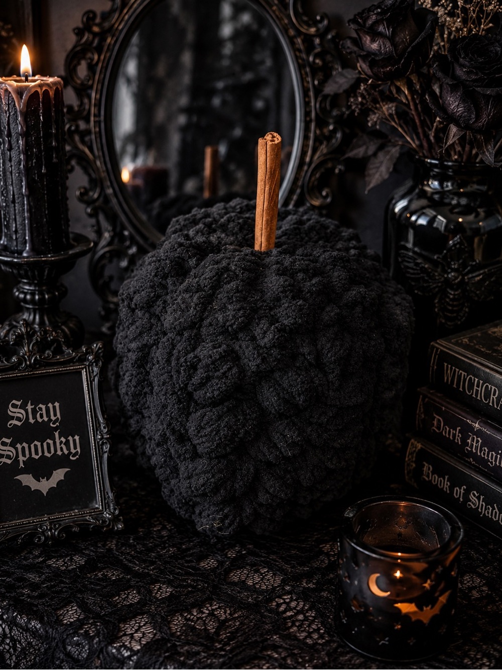 Handmade Black Crochet Pumpkin Gothic Halloween Decor Goth Witchy